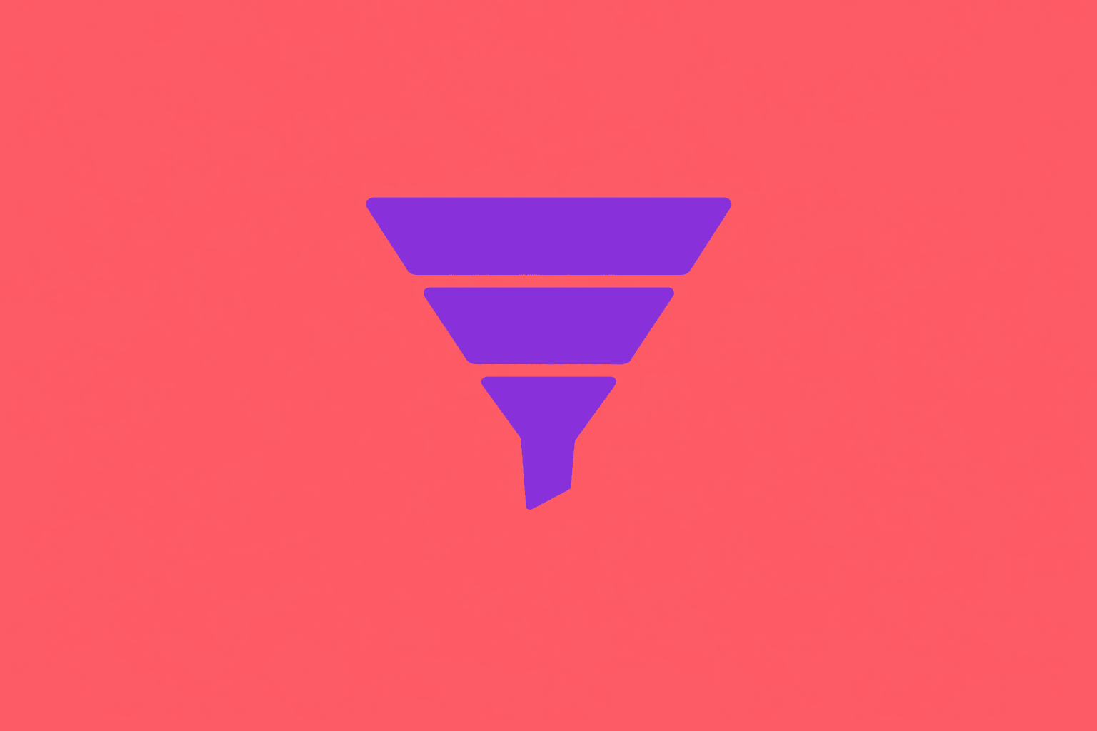 Minimalist 2D vertical funnel illustration in solid purple on a coral background representing an ecommerce conversion funnel.